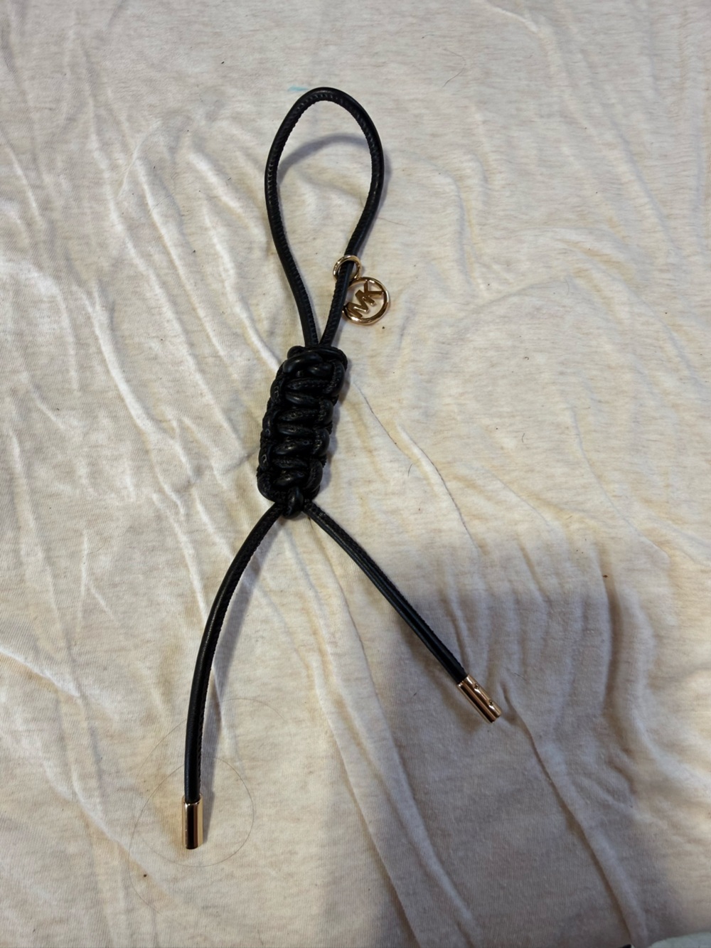 Michael Kors Black Leather Cord Keychain Purse Charm with Gold MK Charm